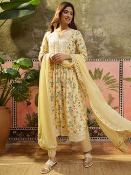 Four Steps - Yellow Pure Cotton Printed Kurta with Pant and Dupatta