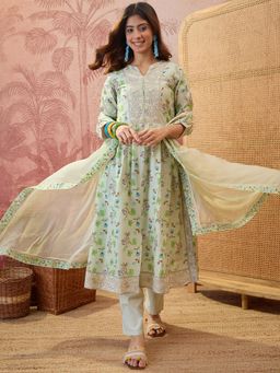 Four Steps - Green Pure Cotton Printed Kurta with Pant and Dupatta