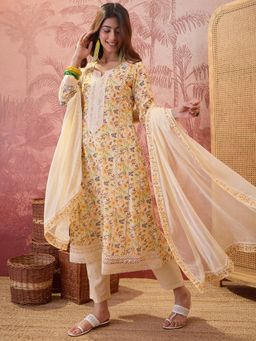 Four Steps - Yellow Pure Cotton Printed Kurta with Pant and Dupatta