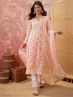 Four Steps - Pink Pure Cotton Printed Kurta with Pant and Dupatta