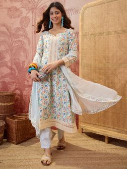 Four Steps - Blue Pure Cotton Printed Kurta with Pant and Dupatta