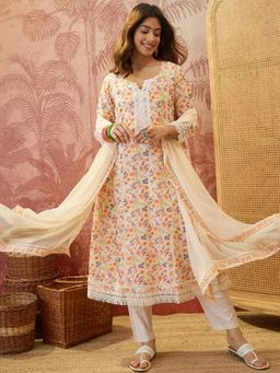 Four Steps - Cream Pure Cotton Printed Kurta with Pant and Dupatta