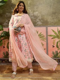 Four Steps - Pink Pure Cotton Printed Kurta with Pant and Dupatta