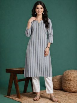 Four Steps - Grey Straight Fit Striped Kurtas