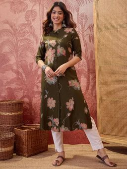 Four Steps - Olive Foil Printed Rayon Aline Kurta