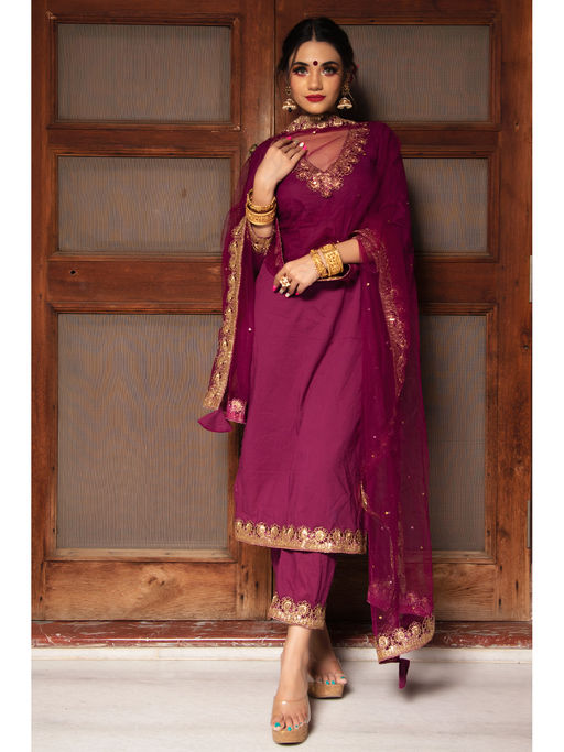 POMCHA Plum Cotton Straight Kurta (Set of 3)