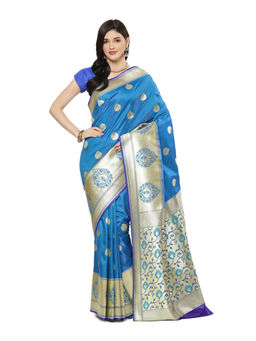 Banarasi Silk Works - Women Blue Satin Saree Paithani with Unstitched Blouse