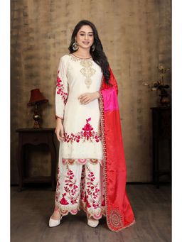 Miss Ethnik - Women Embroidered Chinon Off White Kurta with Palazzo and Dupatta (Set of 3)