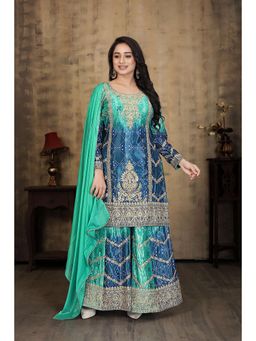 Miss Ethnik - Women Embroidered Chinon Teal Kurta with Palazzo and Dupatta (Set of 3)