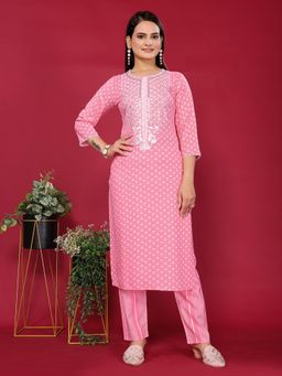 Rangita - Women Embroidered Rayon Pink Kurta with Pant (Set of 2)