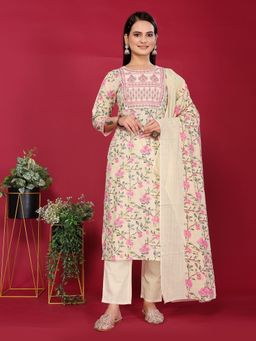 Rangita - Women Embroidered Cotton Beige Kurta with Pant and Dupatta (Set of 3)