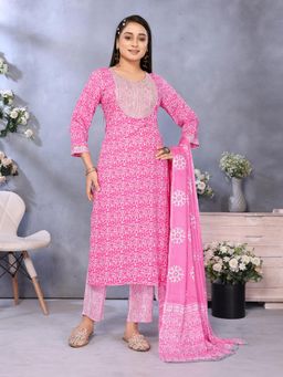 Rangita - Women Printed Rayon Pink Kurta with Pant and Dupatta (Set of 3)