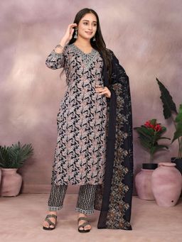 Rangita - Women Floral Rayon Black Kurta with Pant and Dupatta (Set of 3)