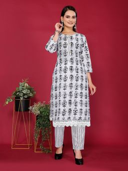 Rangita - Women Floral Cotton Off White Kurta with Pant (Set of 2)
