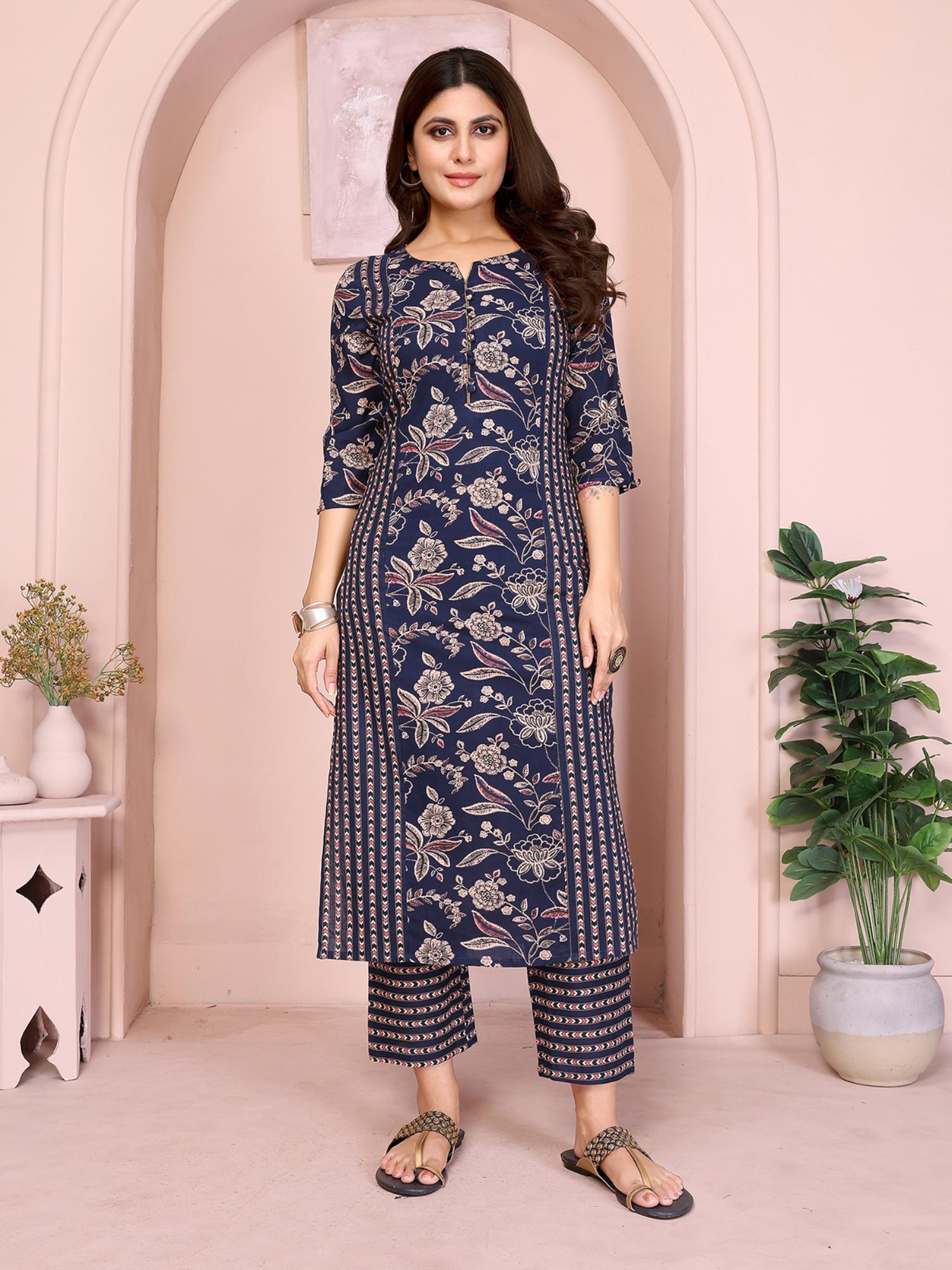rangita Women Floral Cotton Blue Kurta with Pant (Set of 2)-picture-11