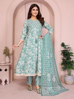 Rangita - Women Floral Linen Green Anarkali Kurta with Pant and Dupatta (Set of 3)