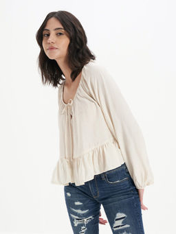 American Eagle - Women Cream Long-Sleeve Top