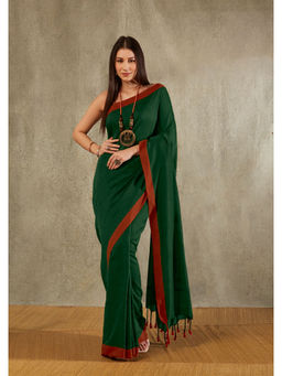 SALWAR STUDIO - Green Cotton Solid Saree Without Blouse