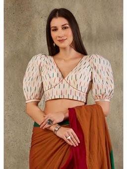 SALWAR STUDIO - White Cotton Ikat Puff Sleeve Blouse
