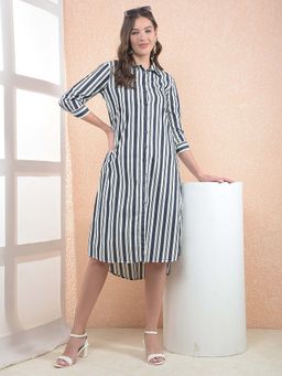 CRIMSOUNE CLUB - Women's Blue Vertical Striped 100% Cotton Shirt Dress