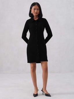 CRIMSOUNE CLUB - Women's Black Textured Mini Shirt Dress