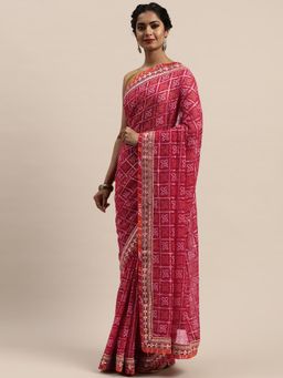 Vastranand - Pink & Beige Printed Bandhani Saree with Unstitched Blouse