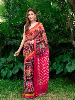 Beatitude - Pink Yellow Ethnic Motifs Saree with Unstitched Blouse