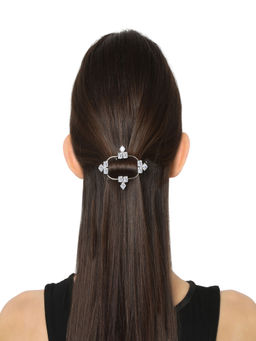 Accessher - Silver Toned Ad Stone Handcrafted French Barrette Hair Pin For Women And Girls -Silver
