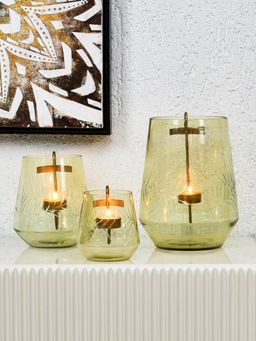 At Home by Nilkamal - Decorative Leafy Glass Candle Holder Set of 3 (Yellow)