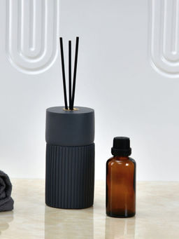 At Home by Nilkamal - Fluted Design Reed Diffuser Storage Jar With 3 Sticks (Grey)