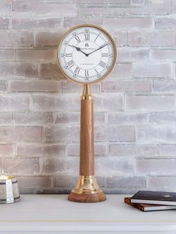 At Home by Nilkamal - Classic Metal and Wooden Table Clock (Gold & Brown)