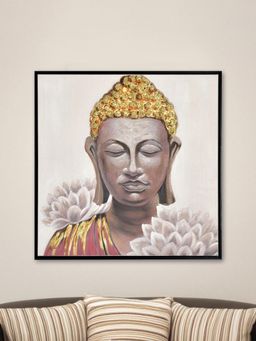 At Home by Nilkamal - Buddha With Flower Canvas Wall Painting (Multicolor)