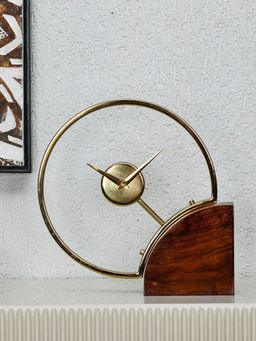 At Home by Nilkamal - Side Cut Round Table Clock (Brown & Gold)