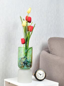 At Home by Nilkamal - Hand-Painted Dual Arch Leaf Design Small Glass Vase (Green)