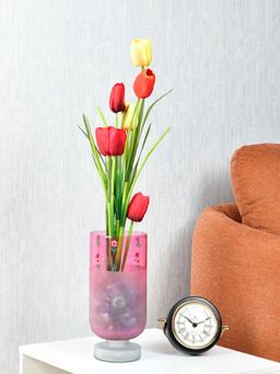 At Home by Nilkamal - Hand-Painted Floral Frost Small Glass Vase (Pink)