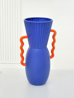 At Home by Nilkamal - Decorative Semi Fluted Design Dolomite Vase With Handles (Blue & Orange)