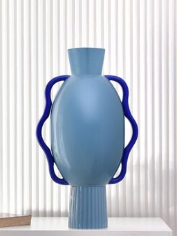 At Home by Nilkamal - Decorative Semi Fluted Design Dolomite Vase With 2 Handles (Blue)