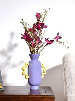 At Home by Nilkamal - Decorative Fluted Design Dolomite Vase With 2 Curvy Handles (Purple & Yellow)