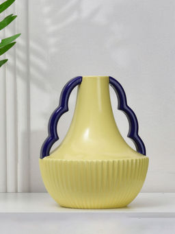 At Home by Nilkamal - Decorative Semi Fluted Design Dolomite Vase With 2 Handles (Cream & Blue)