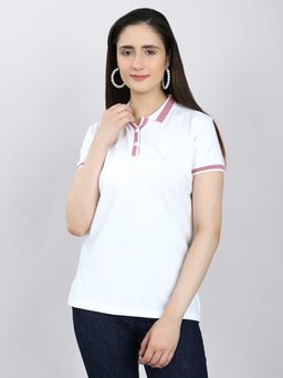 Monte Carlo - Women White Solid Regular Fit Polo Neck T-shirt
