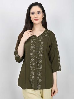 Monte Carlo - Women Olive Regular Fit Embroidery Top