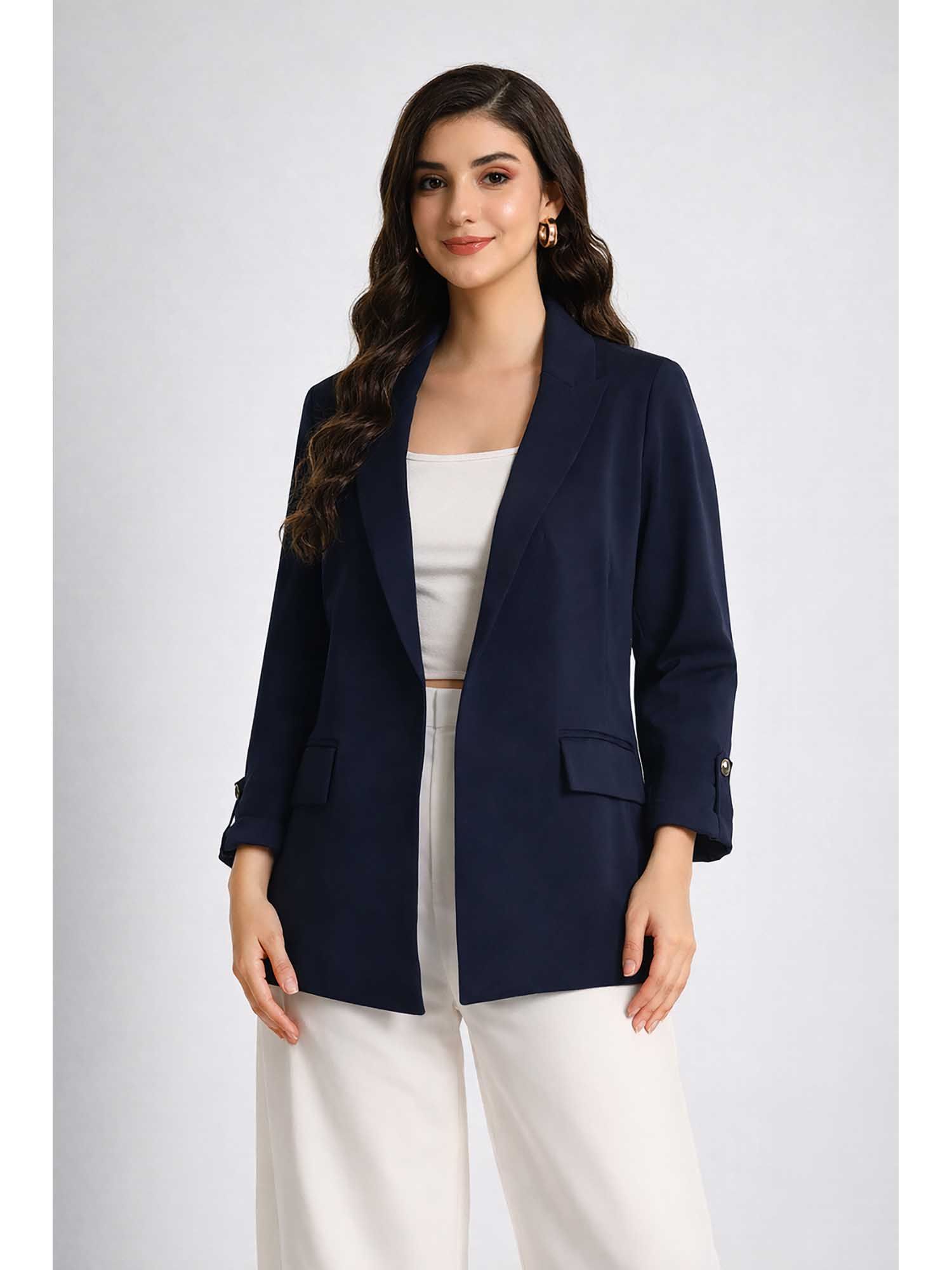 zastraa Women Navy Blue Front Open Blazer-picture-20