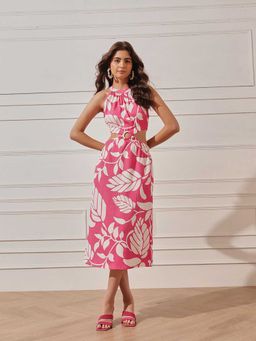 STREET 9 - Women Pink Leaf Printed Midi Dress