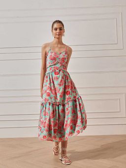 STREET 9 - Women Turquoise-Red Floral Printed Ruffle Dress