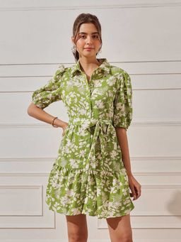 STREET 9 - Women Green Floral Printed Dress with Belt