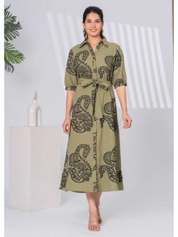sencei - Women Olive Embroidered Long Rustic Dress with Belt