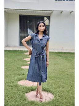 sencei - Women Blue Denim Embellished Dress with Belt