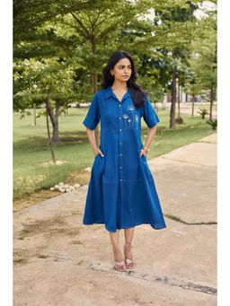 sencei - Women String Lily Blue Embroidered Dress