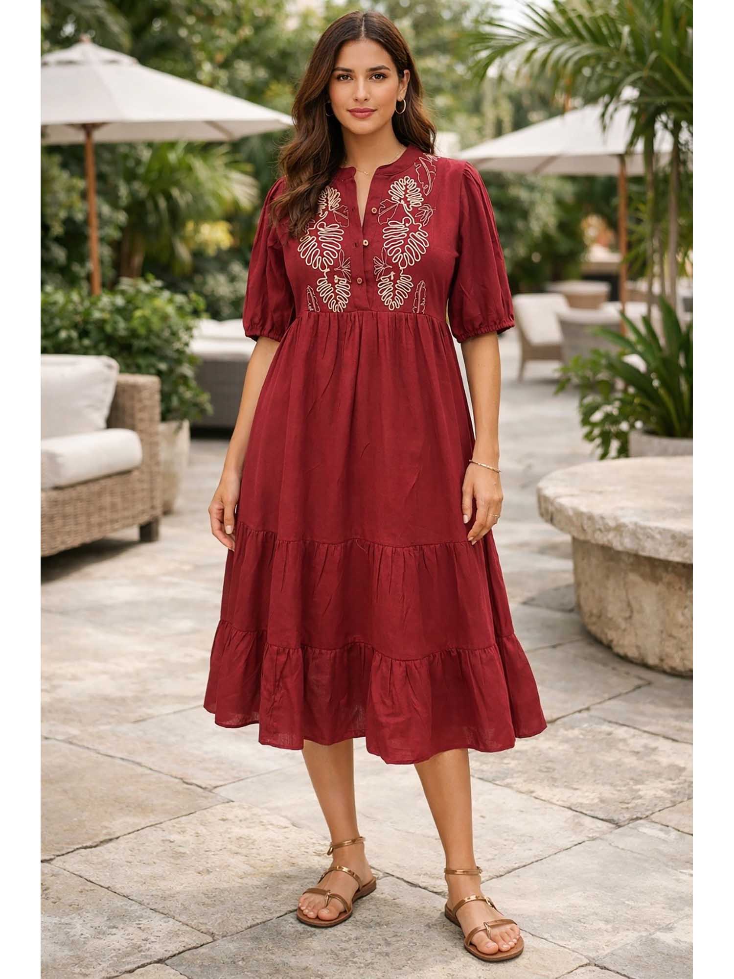 sencei Women Maroon Cotton Embroidered Dress-picture-10
