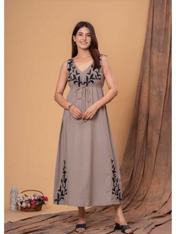 sencei - Women Grey Cotton Embroidered Dress